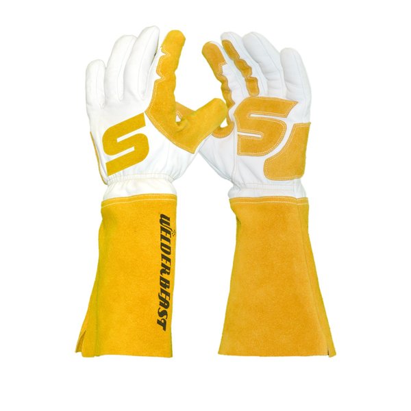 Welderbeast Goatskin Hybrid Welding Gloves, White w/Yellow 9