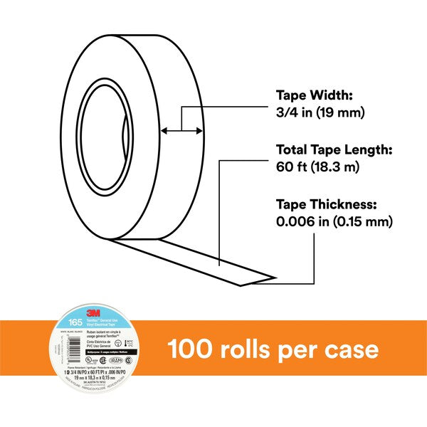 Vinyl Electrical Tape, 165, Temflex, 3/4 in W x 60 ft L, 6 mil thick, White, 1 Pack