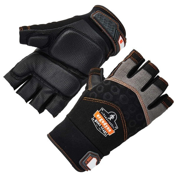 Half Finger Mechanics Impact Gloves, L, Black, Padded, Breathable Spandex