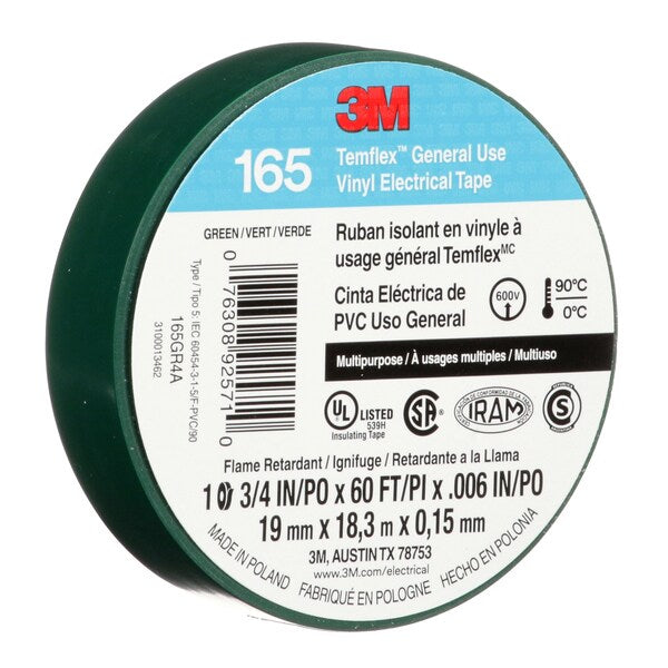 Elec Tape, 60 ft Lx3/4 in W, 6 mil, Green