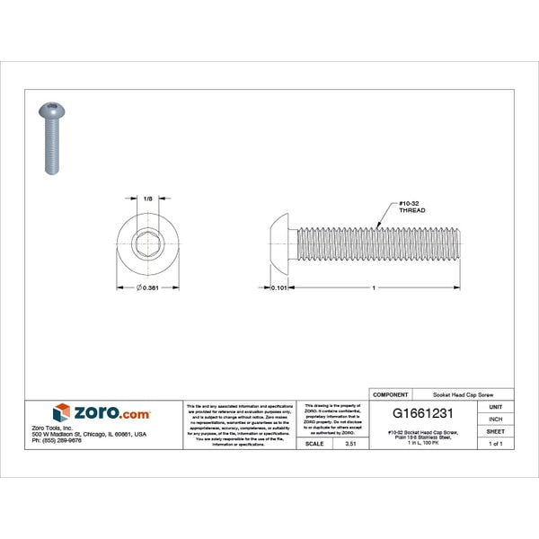 #10-32 Socket Head Cap Screw, Plain 18-8 Stainless Steel, 1 in Length, 100 PK