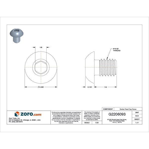 #10-32 Socket Head Cap Screw, Plain 18-8 Stainless Steel, 1/4 in Length, 100 PK