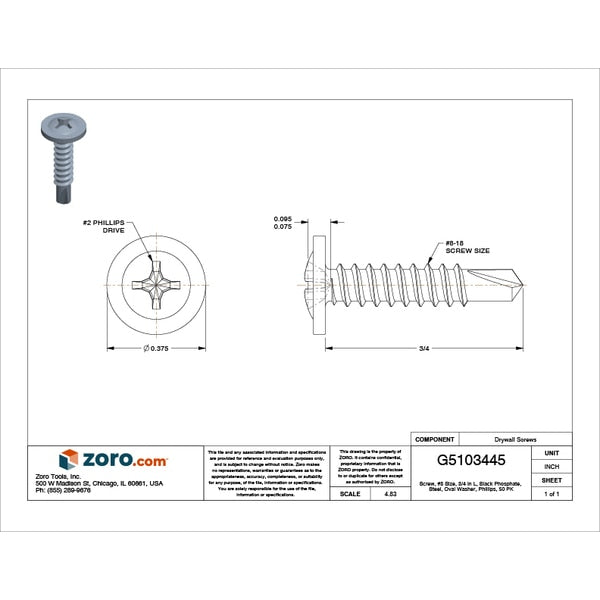 Drywall Screw, #8 x 3/4 in, Steel, Oval Head Phillips Drive, 50 PK