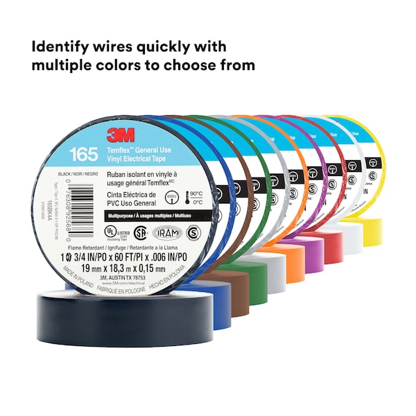 Vinyl Electrical Tape, 165, Temflex, 3/4 in W x 60 ft L, 6 mil thick, White, 1 Pack