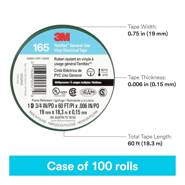 Elec Tape, 60 ft Lx3/4 in W, 6 mil, Green