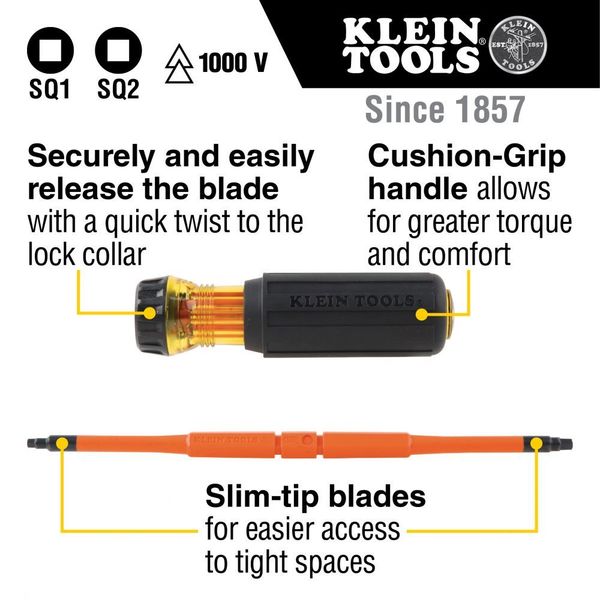 Flip-Blade Insulated Screwdriver, 2-in-1, Square Bit #1 and #2