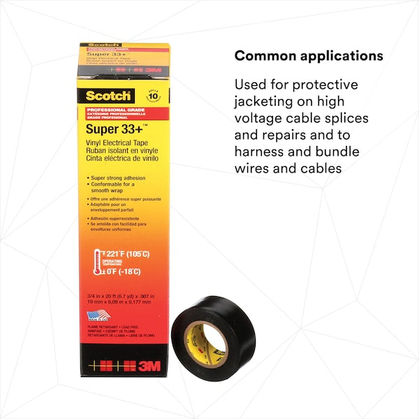 Vinyl Electrical Tape, 3/4 in W x 20 ft L, 7 mil Thick, Black, Scotch Super 33+, 10 Pk