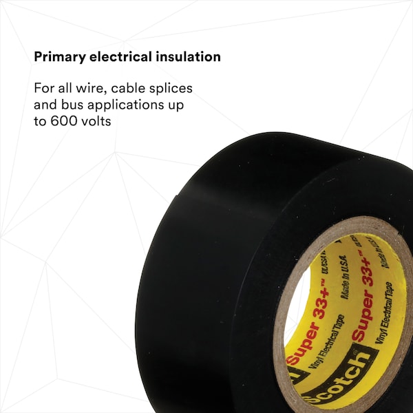 Vinyl Electrical Tape, 3/4 in W x 20 ft L, 7 mil Thick, Black, Scotch Super 33+, 10 Pk