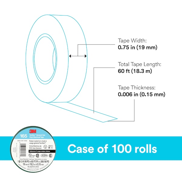 Elec Tape, 60 ft Lx3/4 in W, 6 mil, Green