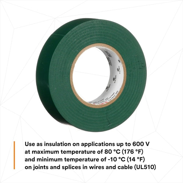 Elec Tape, 60 ft Lx3/4 in W, 6 mil, Green