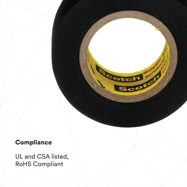 Vinyl Electrical Tape, 3/4 in W x 20 ft L, 7 mil Thick, Black, Scotch Super 33+, 10 Pk