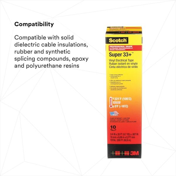 Vinyl Electrical Tape, 3/4 in W x 20 ft L, 7 mil Thick, Black, Scotch Super 33+, 10 Pk