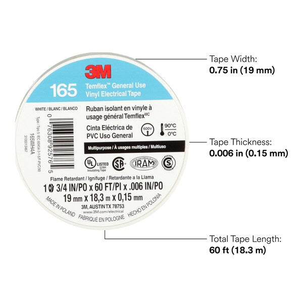 Vinyl Electrical Tape, 165, Temflex, 3/4 in W x 60 ft L, 6 mil thick, White, 1 Pack