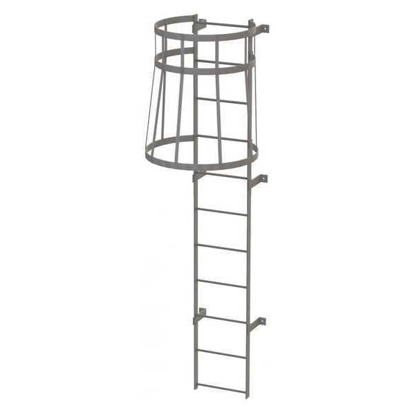 10 ft Fixed Ladder with Safety Cage, Steel, 11 Steps, Top Exit, Gray Powder Coated Finish