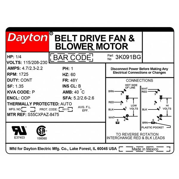 Split-Phase Belt Drive Motor, 1/4 HP, 48 Frame, 115/208-230V AC Voltage, 1,725 Nameplate RPM