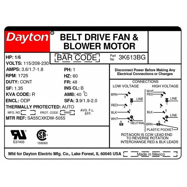Split-Phase Belt Drive Motor, 1/6 HP, 48 Frame, 115/208-230V AC Voltage, 1,725 Nameplate RPM