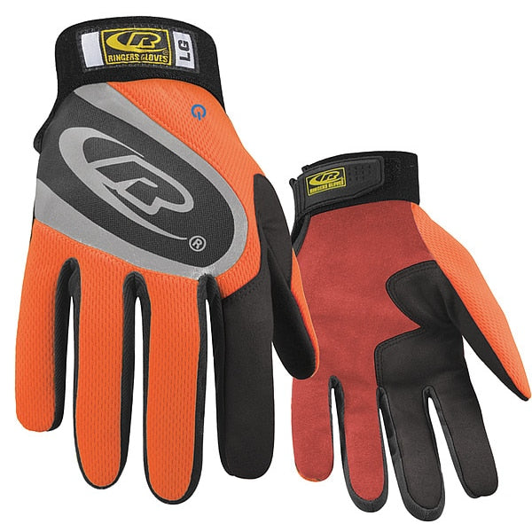 Mechanics Gloves, L, Orange, Reinforced Split Palm, Mesh Spandex