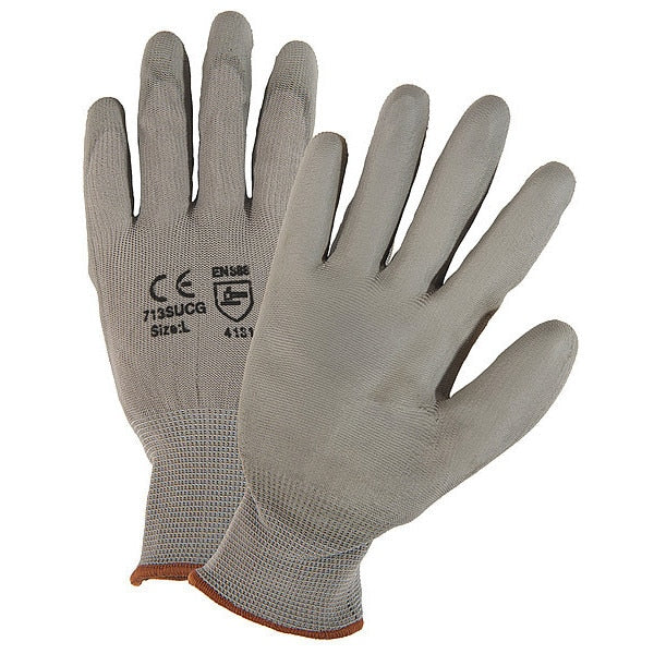 Polyurethane Coated Gloves, Palm Coverage, Gray, L, 12PK