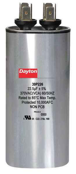 Motor Run Capacitor, 22.5 MFD, 3-5/8 In. H