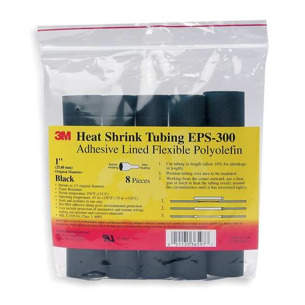 Shrink Tubing, 0.5in ID, Black, 6in, PK10