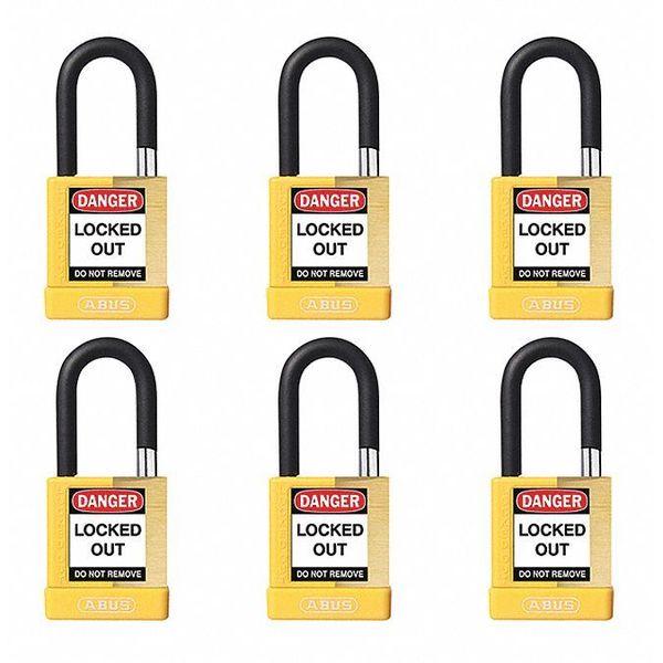 Keyed Padlock, Open, Rectangular Brass Body, Plastic Encased Hardened Steel Shackle, 3/4 in W