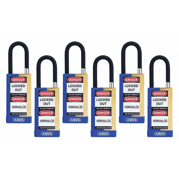 Keyed Padlock, Open, Rectangular Brass Body, Plastic Encased Hardened Steel Shackle, 3/4 in W