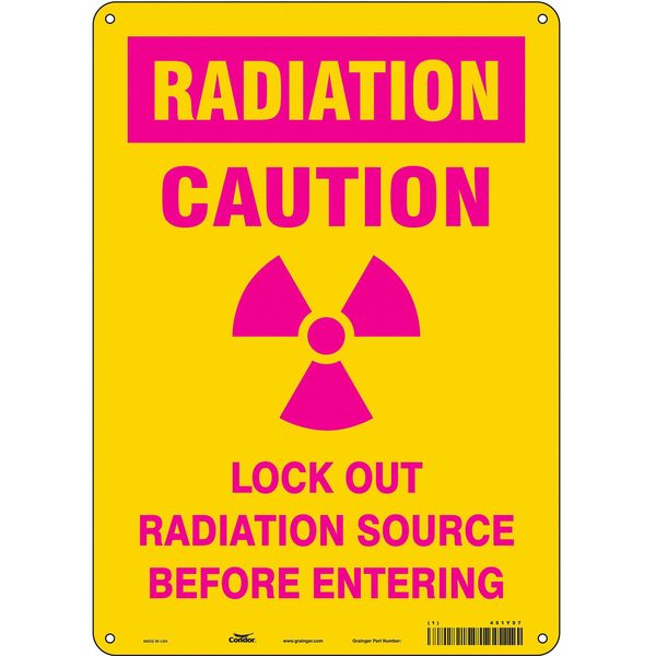Radiation Safety Sign, 14 in H, 10 in W, Aluminum, Vertical Rectangle, 451Y57