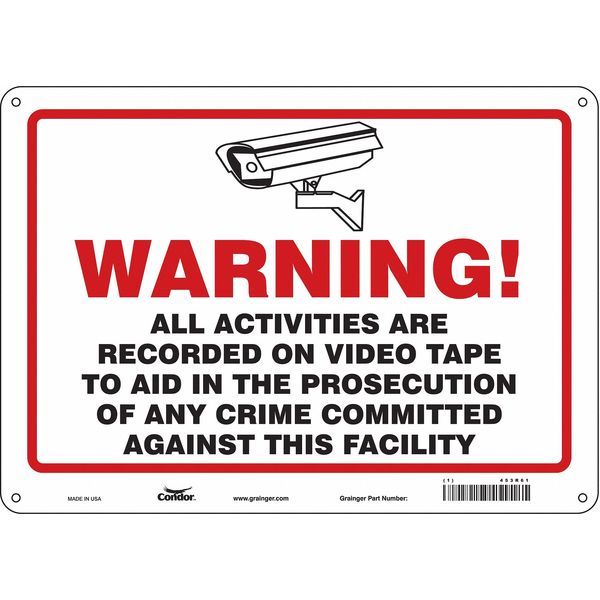 Security Sign, 10 in H, 14 in W, Aluminum, Horizontal Rectangle, English, 453R61