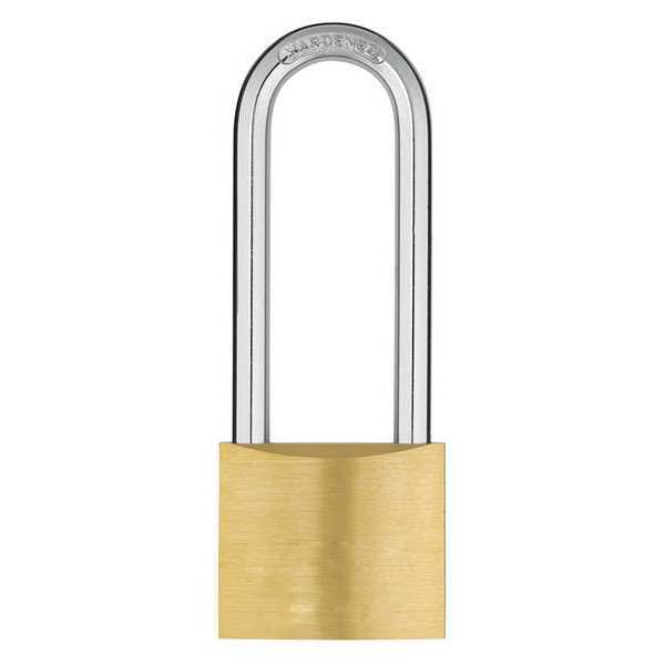 Padlock, Keyed Different, Long Shackle, Rectangular Brass Body, Hardened Steel Shackle, 1 1/2 in W