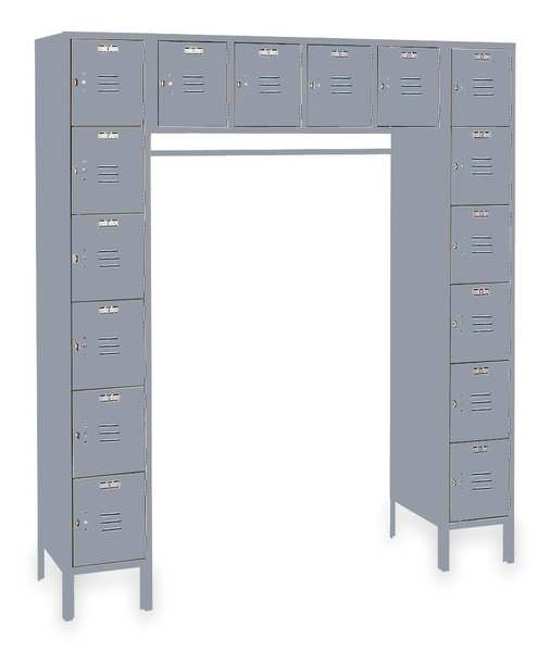 Box Locker Unit with Coat Rod, 69 in W, 18 in D, 78 in H, (6) Tier, (6) Wide, Dove Gray