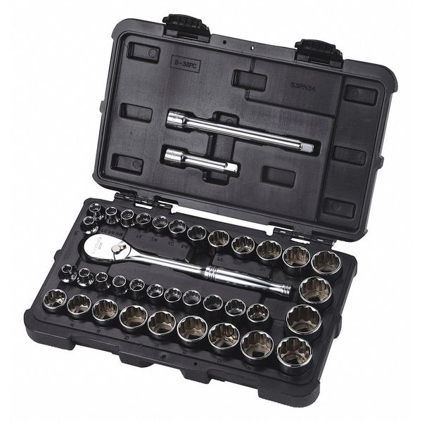 Socket Wrench Set, 3/8 in Drive Size, (35) 12-Point, SAE, Metric, 38-Piece
