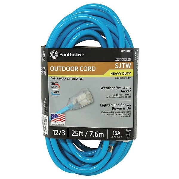 Extension Cord, 12 AWG, 125VAC, 25 ft. L