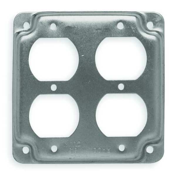Electrical Box Cover, Duplex Receptacle, Square, 2 Gangs, Galvanized Zinc, 1/2 in D, 4 in W, 4 in L