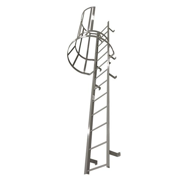 28 ft 3 in Fixed Ladder with Safety Cage, Steel, 29 Steps, Right Exit, Powder Coated Finish
