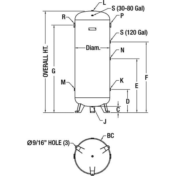 Air Tank, Stationary, 200 PSI, 60 Gal, Vert