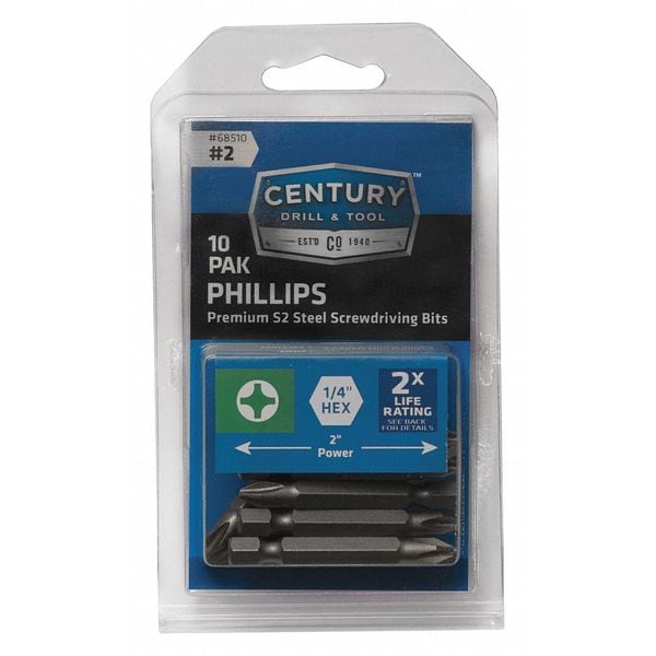 Phillips Power Screwdriver Bit, 2, 10Pk