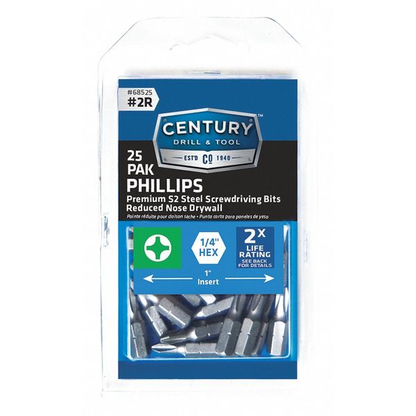 Phillips Drywall Screwdriver Bit, 2R, 25Pk