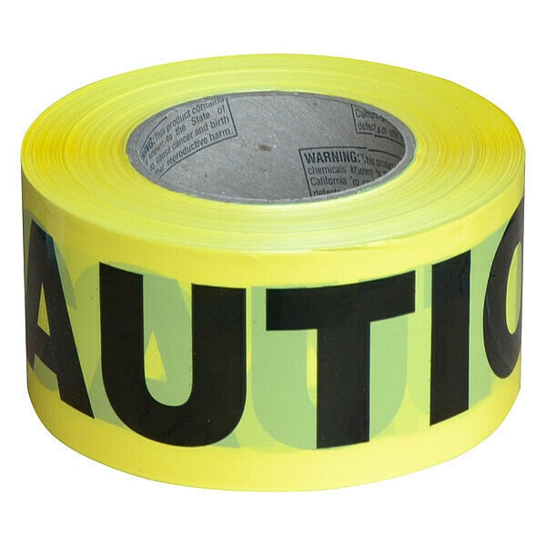 Barricade Tape, Caution, Yellow, 3 in Wide x 1000 ft Long, Polyethylene, 2 mil Thick