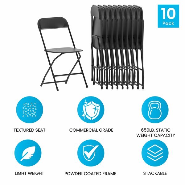 Hercules Series Plastic Folding Chair Black - 10 Pack 650LB Weight Capacity Comfortable Event Chair-Lightweight Folding Chair