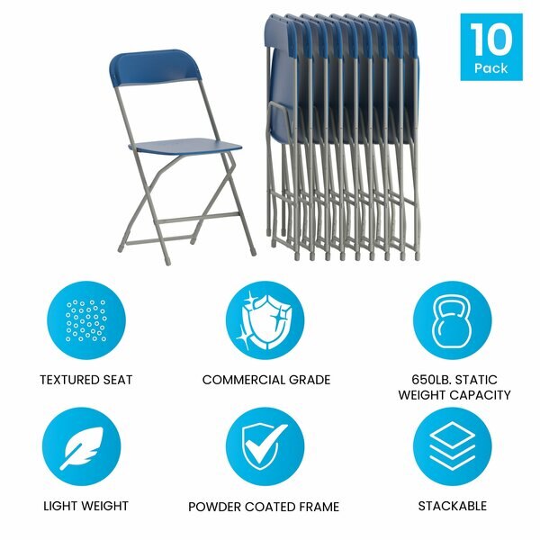 Hercules Series Plastic Folding Chair Blue - 10 Pack 650LB Weight Capacity Comfortable Event Chair-Lightweight Folding Chair