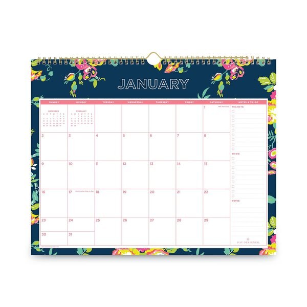 Day Designer Wirebound Wall Calendar, 15 x 12, Navy Floral, 2020