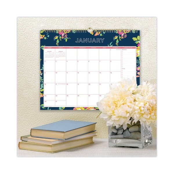 Day Designer Wirebound Wall Calendar, 15 x 12, Navy Floral, 2020