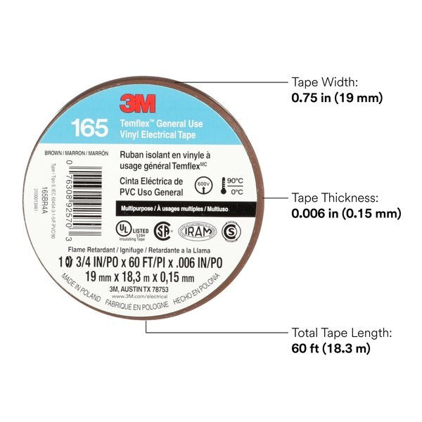 Elec Tape, 60 ft Lx3/4 in W, 6 mil, Brown