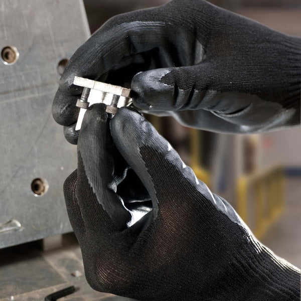 Polyurethane Coated Gloves, Palm Coverage, Black, XL, PR