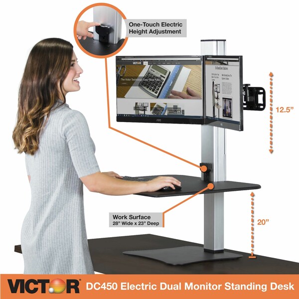 Electric Dual Monitor Standing Desk, 23 in D, 28 in W, Black, Aluminum