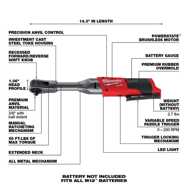 Ratchet, Cordless, 12V DC, 55 ft-lb Torque