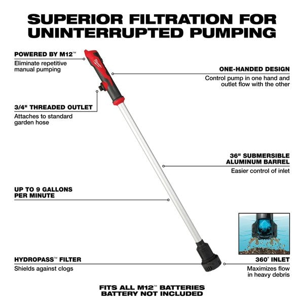 M12 Stick Transfer Pump, Water Pump, 12 V, 9 gpm, 15 ft of head, 3/4 in GHT Male, Bare Tool
