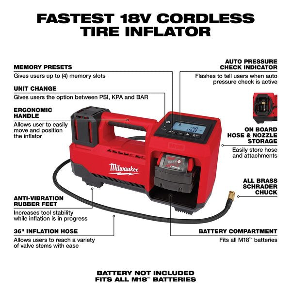 M18 Cordless Inflator, 150 psi Max., 36 in Hose Length, Bare Tool