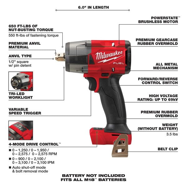 Mid-Torque Impact Wrench, Cordless, 1/2
