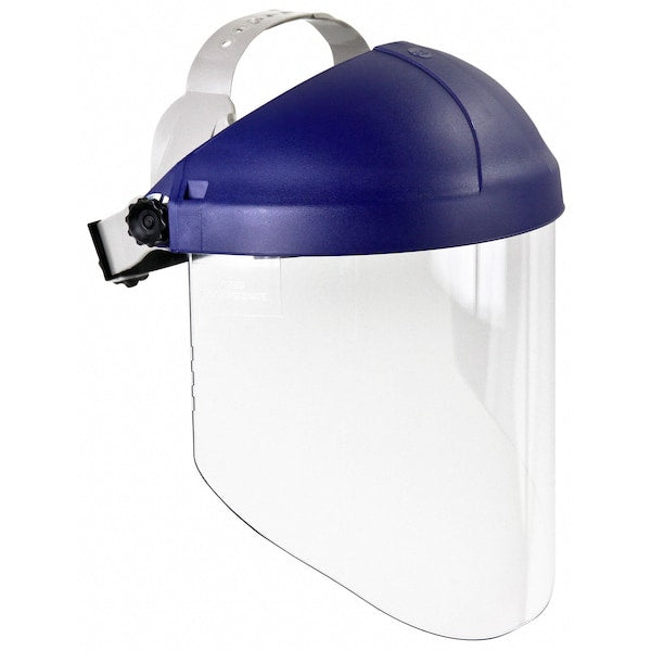 Ratchet Headgear with Clear Polycarbonate Faceshield, Uncoated, 9 in Visor Height, Blue